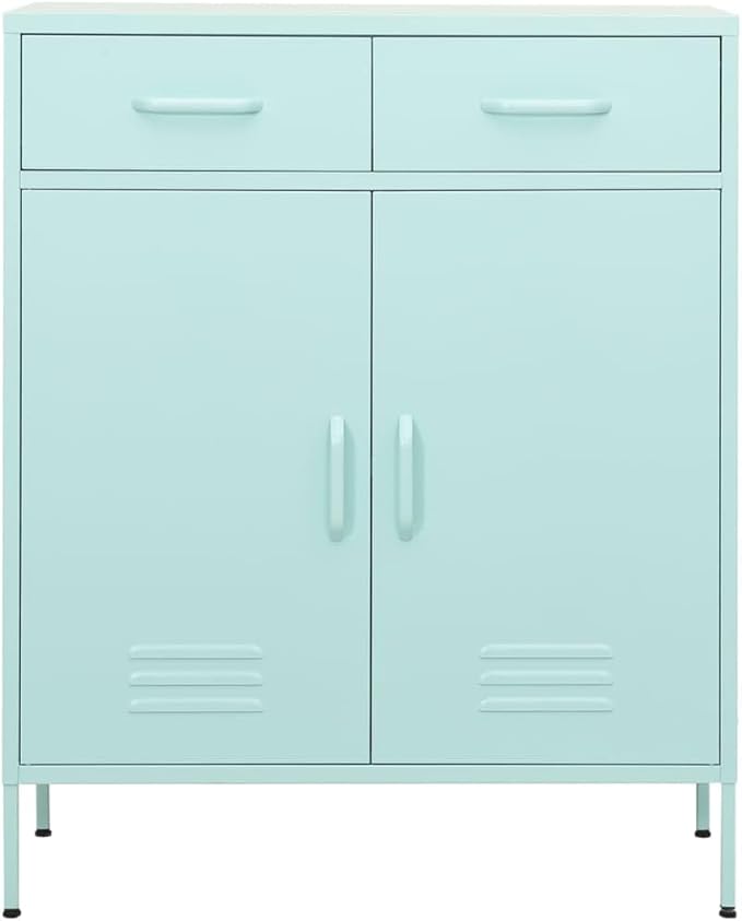 Mint Green Steel Storage Cabinet with Adjustable Shelves, 2 Drawers and Open Shelf for Office Living Room Organization, Modern Metal Furniture with Durable Structure and Easy