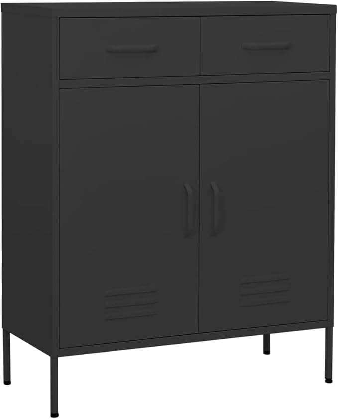Anthracite Steel Storage Cabinet with Two Doors and Two Drawers, Adjustable Shelf, Ball-Bearing Runners, Levelers for Stability, Modern Design for Home Office Organization