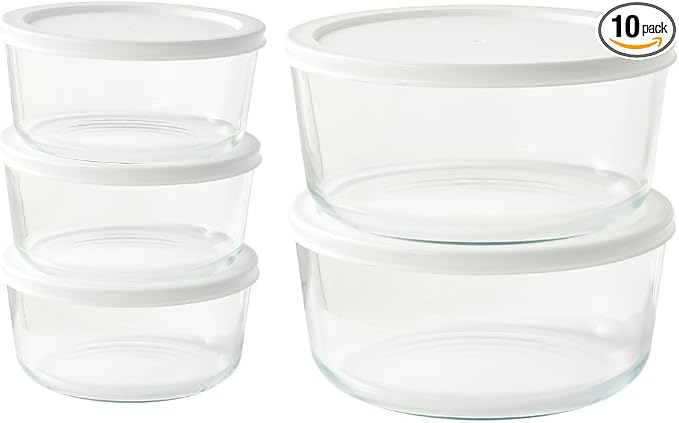 10-Piece Glass Food Storage Containers Set (5 Containers + 5 BPA-Free Lids) | 4-Cup & 6.5-Cup, Leakproof | Microwave, Freezer, Oven & Dishwasher Safe | Ideal for Meal Prep & Pantry Organization, White