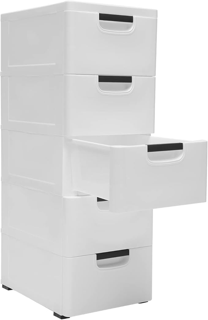 Plastic Storage Cabinet Stackable Storage Cart 5 Drawer Containers Storage Organizer Unit Mobile Stacking Bins [White 11.8"x15.7"x33.1"]