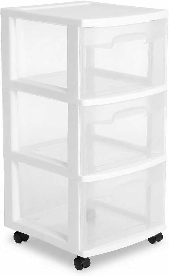 3 Drawer Plastic Storage Cart, Clear Rolling Home Office Organizer WHITE | Removable wheels switch between rolling mobility & stationary stability for any room.