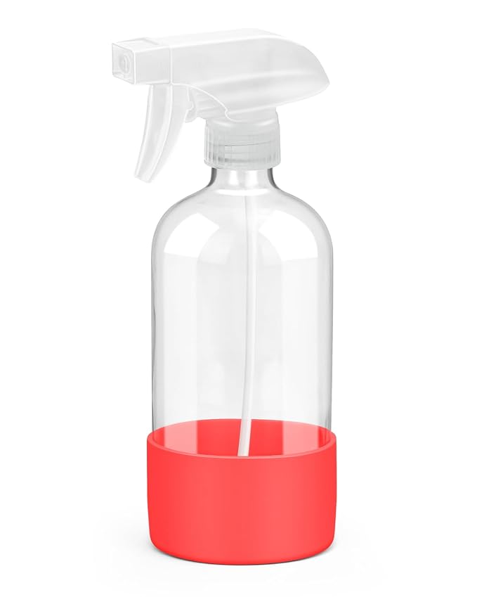 Rionisor Glass Spray Bottles with Silicone Sleeve Protection, Empty 16OZ Reusable Spray Bottles, Refillable Containers with Spray Nozzles for Cleaning Solutions, Plants and Essential Oils 1 Pack Red