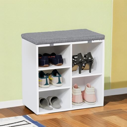 GAOMON Shoe Storage Bench, 5 Cubbies Storage Rack Bench with Cushion, Entryway Bench with 3-Tier Adjustable Shelves for Entryway, Living Room, Hallway, Bedroom (White, 20 inch)