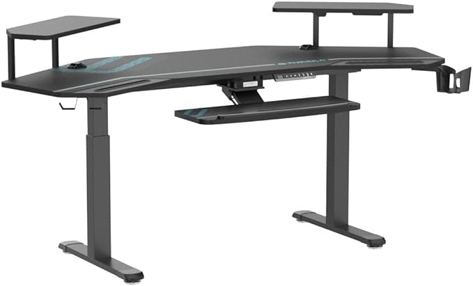EUREKA ERGONOMIC Gaming Desk, Standing Desk w Keyboard Tray, 72" Wing Shaped Music Studio Table with LED Shelves, Gaming Recording Live Stream, Slot Design