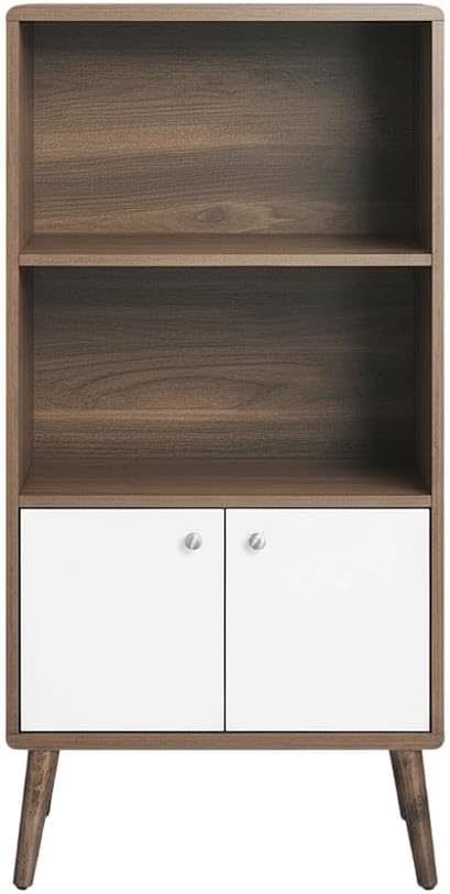 Furnifact Walnut White Display Cabinet Bookshelf with Modern Design, Ample Storage Space, Durable Construction, and Elegant Finish for Living Room, Office