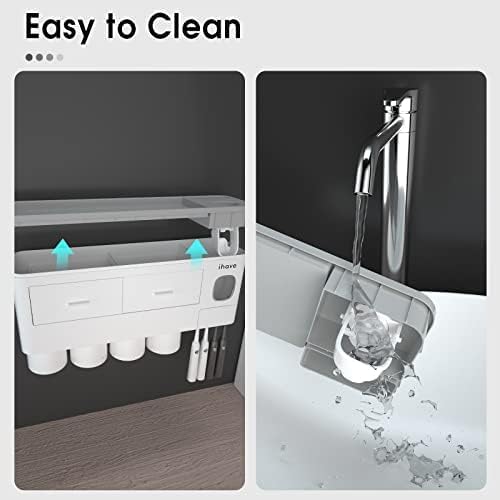 iHave Toothbrush Holders Wall Mounted with Toothpaste Dispenser & 4 Cups | All-in-One Bathroom Organizer: 4 Cups, 7 Slots, Toothpaste Dispenser, Large Tray & Drawer. Wall Mount, No Drilling Required