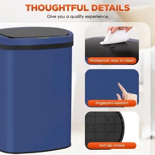 13 Gallon Automatic Trash Can with Lid, Touch Free Stainless Steel Kitchen Trash Can Touchless Garbage Can 50L High Capacity Electronic Sensor Trash Bin Waste Bin for Room Kitchen Office (Deep Blue)