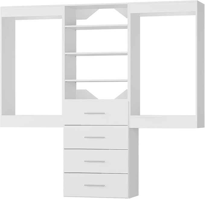 Modular Closet 90" Hanging & Drawers, Wooden Tower for Walk-In Closets, White Wall-Mounted Wardrobe Organizer