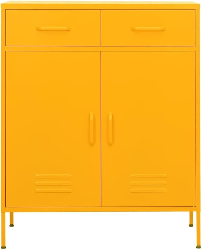 Mustard Yellow Steel Storage Cabinet with Adjustable Shelves and Feet, Large Capacity for Books and Multimedia, Durable Construction with Wall Attachment for Enhanced