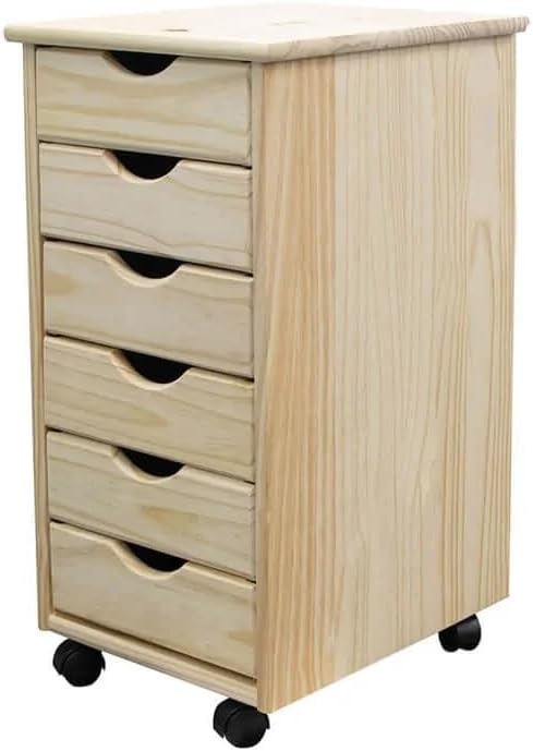 Jela-USA Solid Pine Wood 6 Drawer Rolling Cart, Natural