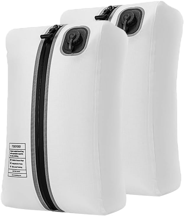 Reeyee Electric Vacuum Compression Bag, 20L Portable Travel Packing Cube with Built-in Pump, Type-C Rechargeable, Waterproof TPU, Saves 60% Space (2, White)