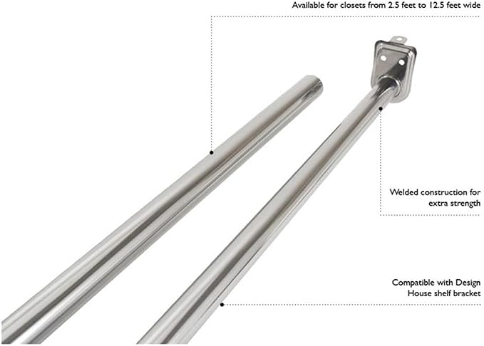 Pemberly Row Adjustable Steel Closet Rod, 48-72 in, Polished Chrome Finish, Includes Mounting Hardware, Ideal for Storage and Organization in Standard Closets