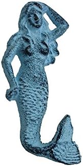 Rustic Dark Blue Whitewashed Cast Iron Mermaid Hook 6" - Nautical Home Decorati