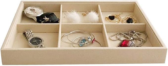 Beige Jewelry Organizer Tray 6 Compartment Medium, Stackable Display Tray for Watches Earrings Bracelets Necklaces, Removable Dividers, Slim Drawer Insert, Dressing Table Vanity Home Retail