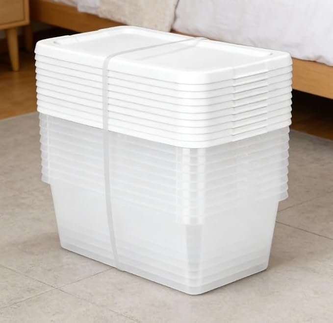 A set of 10 stackable 6-quart clear storage boxes, white snap-on lid plastic storage boxes, modern style, sturdy and durable, suitable for wardrobes and shelves.