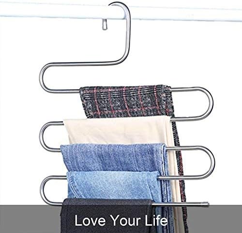 devesanter Pants Hangers Non-Slip S-Shape 4 Pack Trousers Hangers Stainless Steel Clothes Hangers Closet Storage Organizer for Pants Jeans Scarf (4 Pack with 10 Clips)