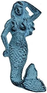 Rustic Dark Blue Whitewashed Cast Iron Mermaid Hook 6" - Nautical Home Decorati