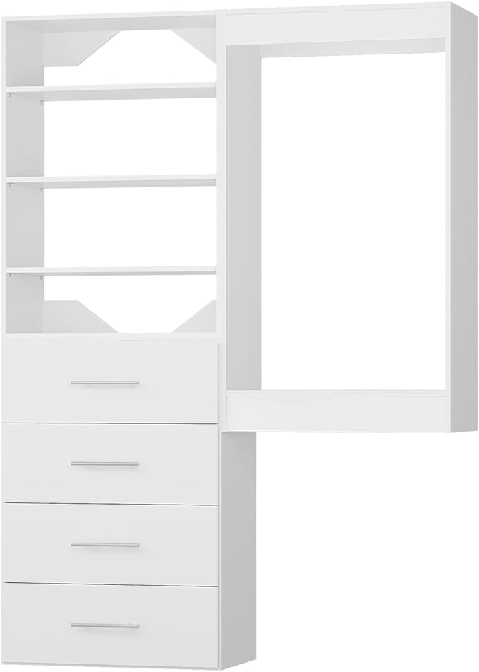 ROOMTEC Modular Closet System, 58" Wall-Mounted Closet Organizer with Drawers and Hanging Rods, Wooden Tower for Walk-In Closets, Wardrobe Storage Kit, White