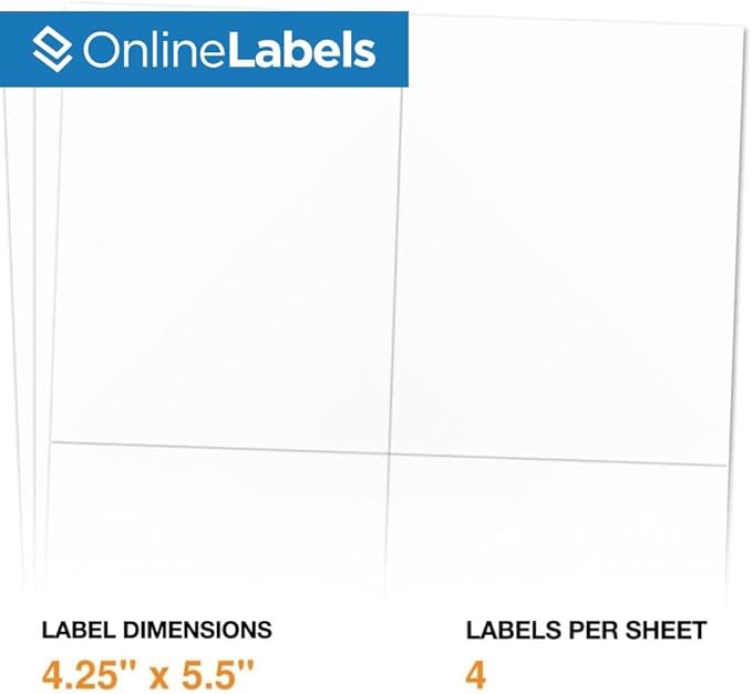 4.25 x 5.5 Rectangle Labels - Permanent, White Matte - Product, Shipping, Candy Labels - Pack of 400 Labels, 100 Sheets - Inkjet/Laser Printers - Online Labels