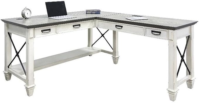 Ashford & Sons Contemporary Wood L-Shaped Desk, 60"W x 28"D x 31"H, Weathered White Finish, Drop-Front Keyboard Drawer, Utility Drawers, Ergonomic Workspace, Durable Home Office Desk for Storage and
