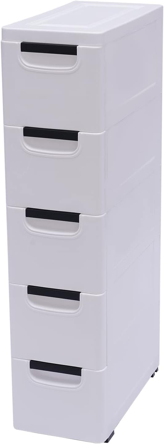 Plastic Storage Cabinet Stackable Storage Cart 5 Drawer Containers Storage Organizer Unit Mobile Stacking Bins [White 7.9"x15.7"x33.1"]
