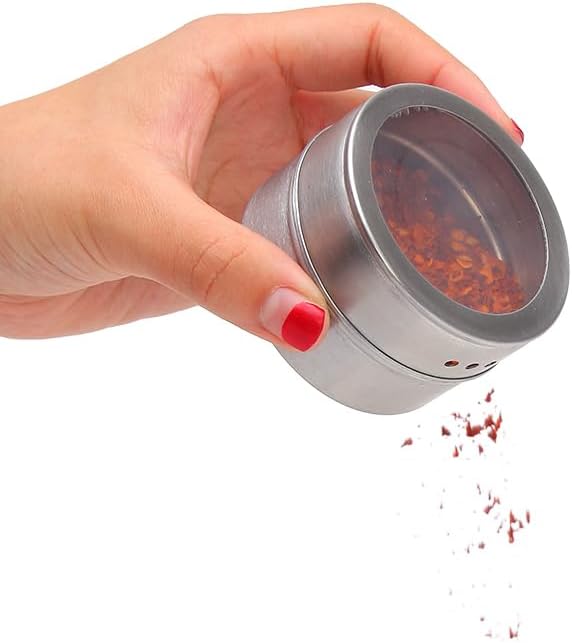 Stainless Steel Magnetic Spice and Condiment Organizer Kit – 6-Piece 75ml (2.5 oz) Seasoning Jars with Adjustable Pour Vents, Leak-Proof Magnetic Holder for Kitchen Countertops or Refrigerator Storage