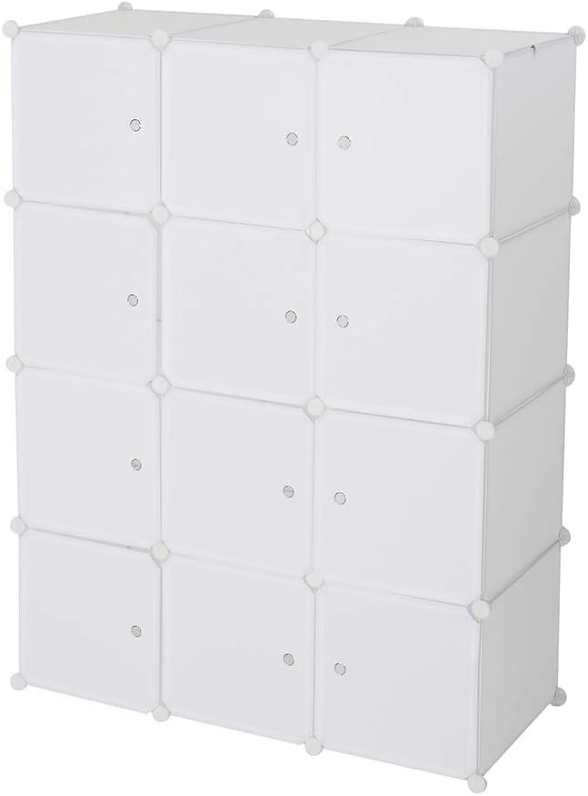 12 Cubes Storage Organizer,Portable Closet Wardrobe,Plastic Clothes Storage Shelves,Modular Bookcase Closet Cabinet,with Doors,for Kitchen, Bedroom, Playroom, Living Room, Office, Dorm (White)