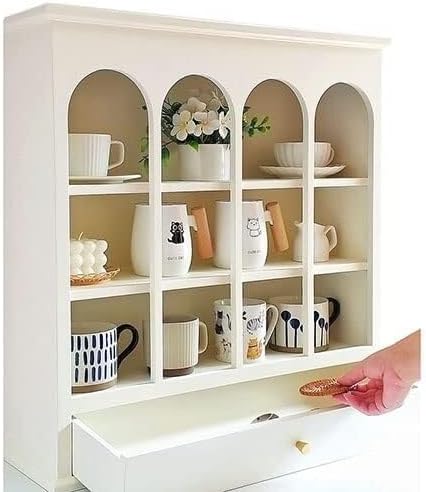 Closet Organizers and Storage 3 Tier Coffee Mug Cabinet Organizer with Drawer Wooden Cupboard Water Cup Storage for Countertop,Holds 12 Mugs-Kitchen Storage Cabinet Convenient,Neat and Beauti