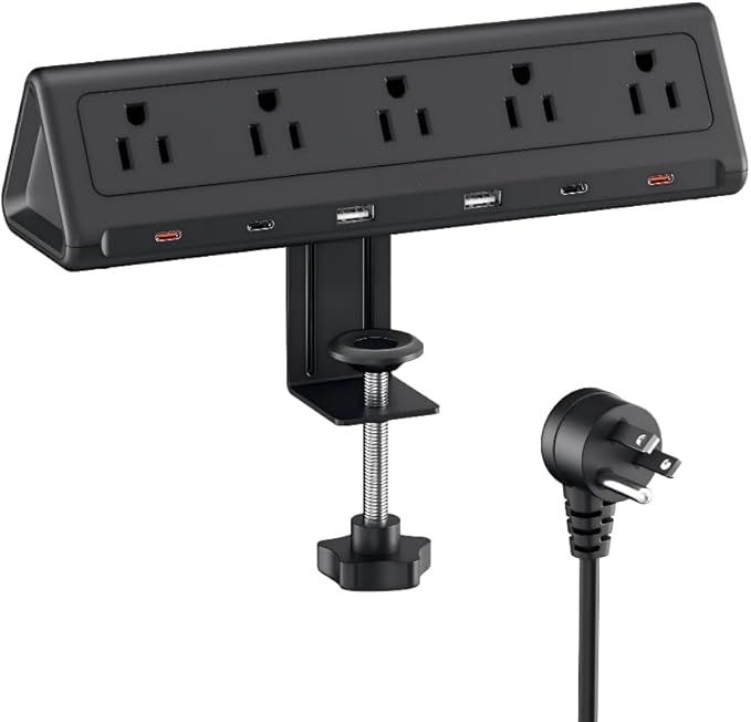 6.5 FT Desk Clamp Power Strip with 5 AC Outlets & 6 USB Ports PD 40W USB-C Fast Charging, Extension Cord with Multiple Outlets, Fits 2.1 in top Edge Black