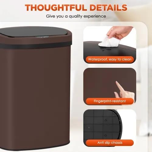 13 Gallon Automatic Trash Can with Lid, Touch Free Stainless Steel Kitchen Trash Can Touchless Garbage Can 50L High Capacity Electronic Sensor Trash Bin Waste Bin for Room Kitchen Office (Brown)