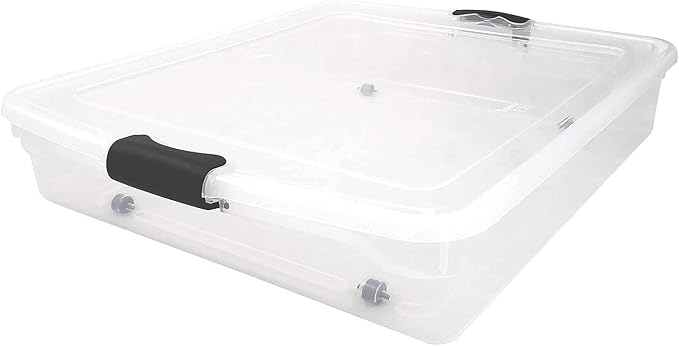 HOMZ 2-Pack Under Bed Storage, Clear Plastic Containers with Lids, 56 Quart, Gray Latch - Stackable Underbed Organizer Bins for Shoes, Bags, Clothes, and Towels