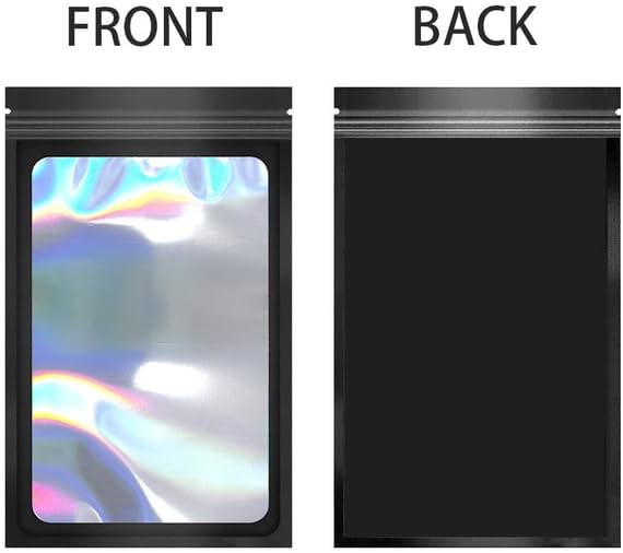 100 Pack Holographic Packaging Bags Resealable Candy Bags with Clear Window Foil Pouch Bag for Lipgloss, Jewelry, Sample Bag for Small Business (Black, 3.5x6.3 Inch)