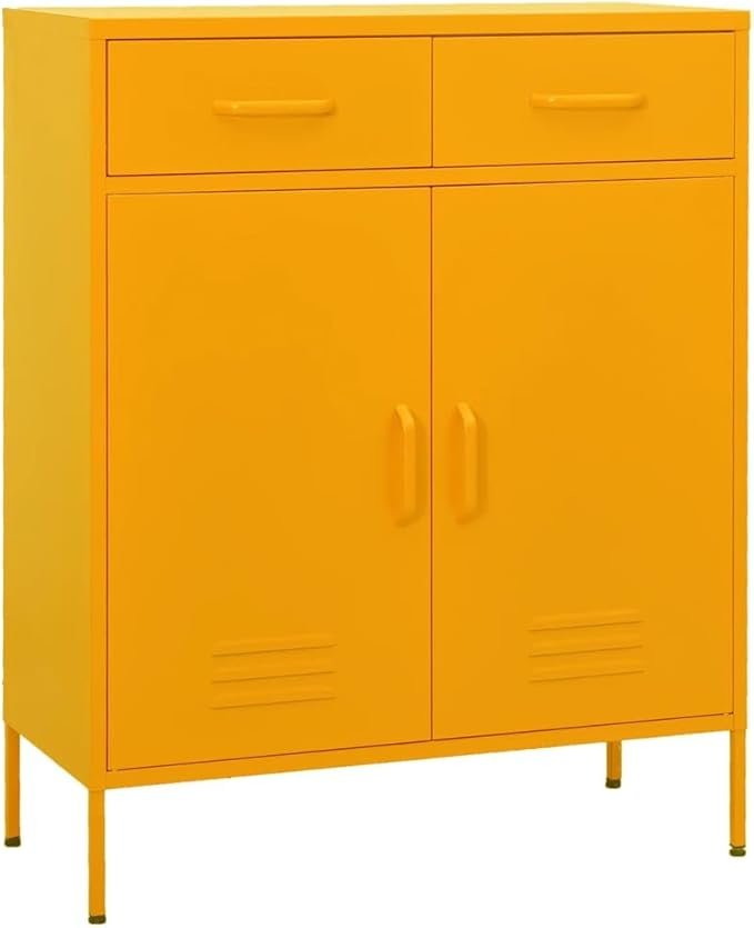 Mustard Yellow Steel Storage Cabinet with Adjustable Shelves and Feet, Large Capacity Organizer with Two Drawers and Two Doors for Living Room and Study, Durable Metal