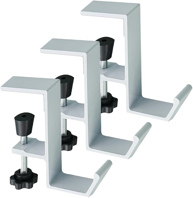 3 Pack Desk Bag Hook, Metal Hook Clamp (White-A) | Under Desk Mount Bag Hook Clamp, Desk Hook for Headphones, Backpack Hooks Clamp