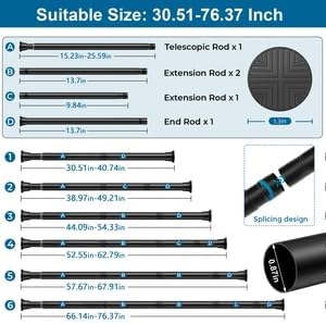2Pcs Tension Curtain Rod, 31-76in Black No Drill Shower Curtain Rods | High Carbon Steel, 7/8inch Spring Rod Diameter, Adjustable Length for Bedroom, Doorway, Closet, Kitchen,Bathroom