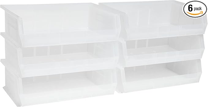 Akro-Mils 30255 AkroBins Plastic Storage Bins, Space-Saving Stackable Bins for Garage, Pantry, Craft Organization, 11" x 16" x 5", Clear, 6-Pack