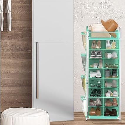 Simple Houseware 16 Cube Shoe Stand Tower Rack 8 Tier, Turquoise | Top Shelf and Side Hanging Pockets