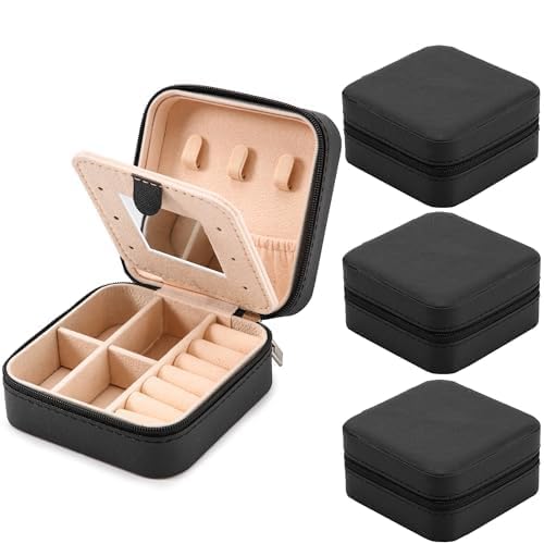 Neveika Jewelry Box with Mirror,Small Jewelry Organizer Box，Travel Jewelry Case for Women，Gift Jewelry Boxes for Female Girls (4pcs mirror black)
