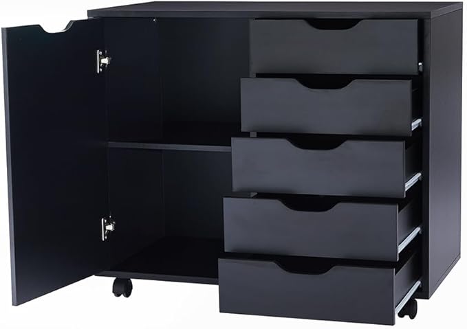 Naomi Home Wooden 5 Drawer Dresser with Cabinet Shelves and Wheels, Drawer Dresser for Bedroom Closet and Dressing Room Storage in Black