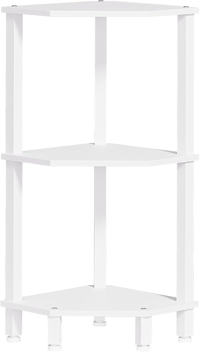 YUFAM 3-Tier Corner Shelf with Sturdy 5-Leg Base, Wooden Corner Bookshelf for Small Spaces, Small Corner Table for Living Room, Bedroom, Office, White