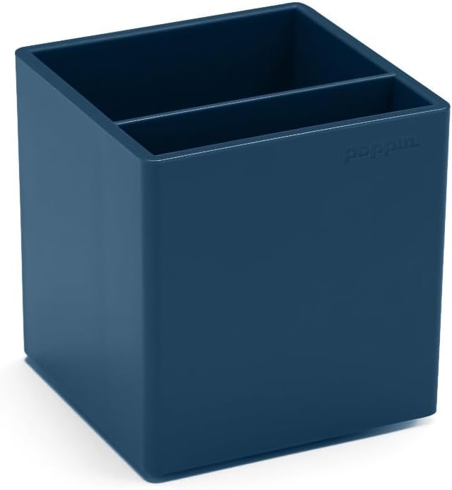 Poppin Pen Holder with 2 Compartments - Sturdy Plastic Pen Holder for Desk, Lacquer-like Finish, Writing Instrument Desk Organizer, Coordinating Office Desk Accessories (Slate Blue)