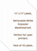 11x17 Waterproof Peel and Stick Labels, Pack of 10, White Polyester