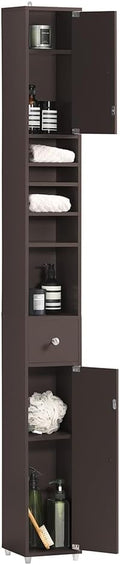 SoBuy Bathroom Storage Cabinet Adjustable Shelves, Tall Narrow, Brown | Freestanding Cupboard With Adjustable Shelves, Space-Saving Storage For Tiny Bathroom Gaps, BZR34-BR