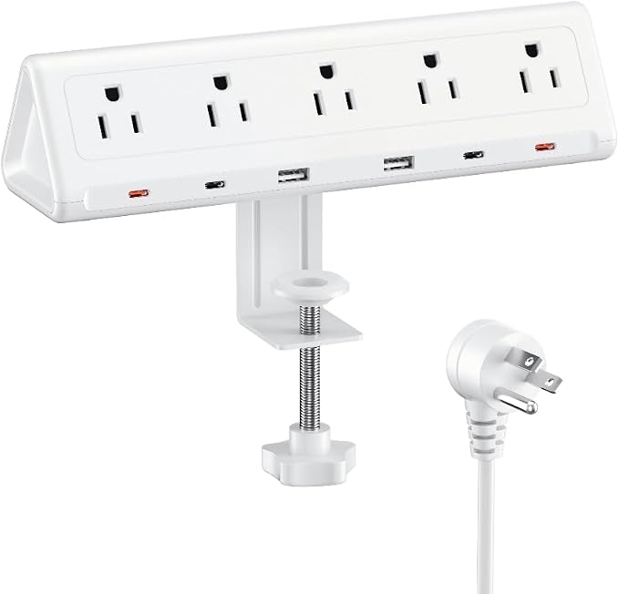 6.5 FT Desk Clamp Power Strip with 5 AC Outlets & 6 USB Ports PD 40W USB-C Fast Charging, Extension Cord with Multiple Outlets, Fits 2.1 in top Edge White