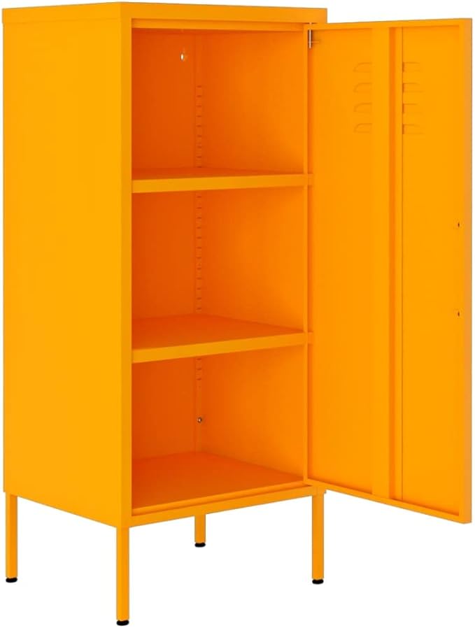Modern Mustard Yellow Steel Storage Cabinet with Adjustable Shelves, Durable Medium Cabinet for Living Room or Bedroom, Spacious Three Compartment Organizer for Books