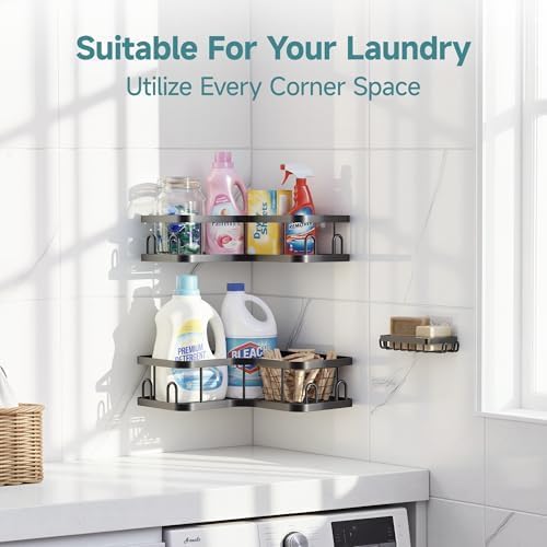 Veken Corner Adhesive Shower Caddy 3-Pack with Soap Holder&Hooks,No Drilling Shower Shelves,Rustproof & Waterproof Bathroom Organizers and Storage,Rack for Small Spaces, Kitchen&Rental-Friendly,Black