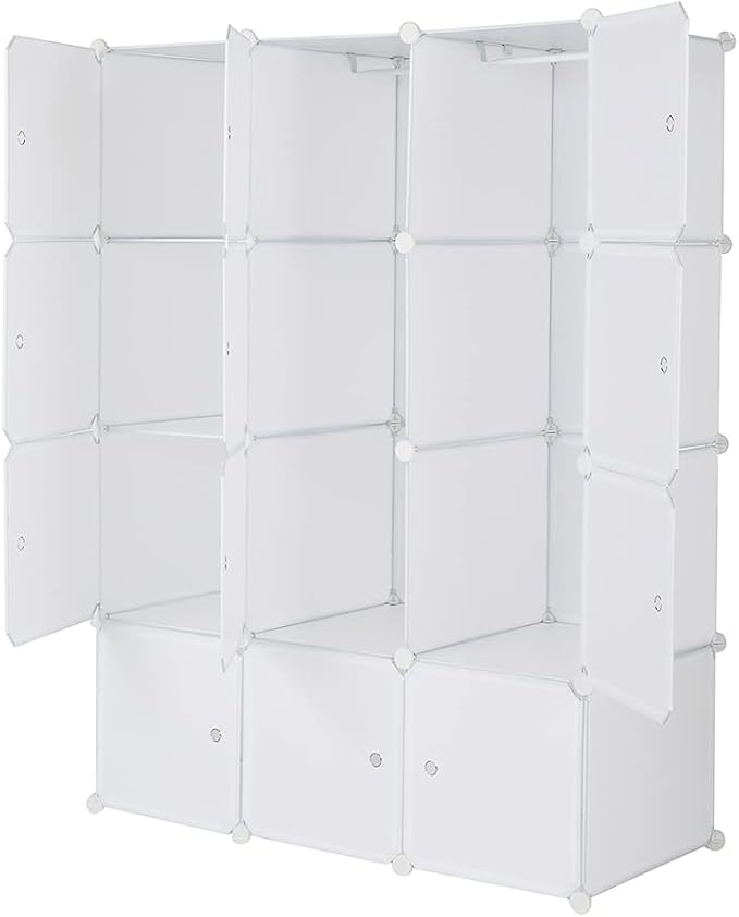 12 Cubes Storage Organizer,Portable Closet Wardrobe,Plastic Clothes Storage Shelves,Modular Bookcase Closet Cabinet,with Doors,for Kitchen, Bedroom, Playroom, Living Room, Office, Dorm (White)