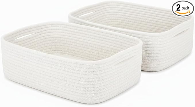 Large Shallow Basket, 15"x11"x5.1", Baskets for Organizing 2 Pack | White Shallow Storage Basket for Organizing, Shelves, Living Room, Nursery, Bathroom, Cotton Rope Basket Organizer