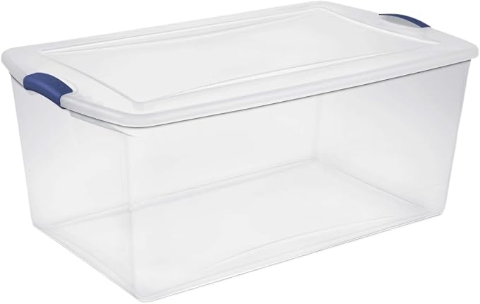 105 Quart Extra Large Clear Plastic Storage Bin, Stackable Container With Blue Accent Latch Lid, See-Through Lidded Box For Seasonal Clothes, Bedding, Camping Gear, Home Closet