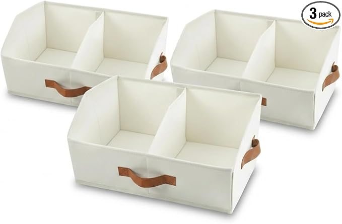 Closet Organizers And Storage - UPGRADED Trapezoid Storage Bin With Leather Handles & Adjustable Dividers, Fabric Collapsible Storage Bins For Clothes Storage & Shelf Organizer (3pcs, Small, Ivory)